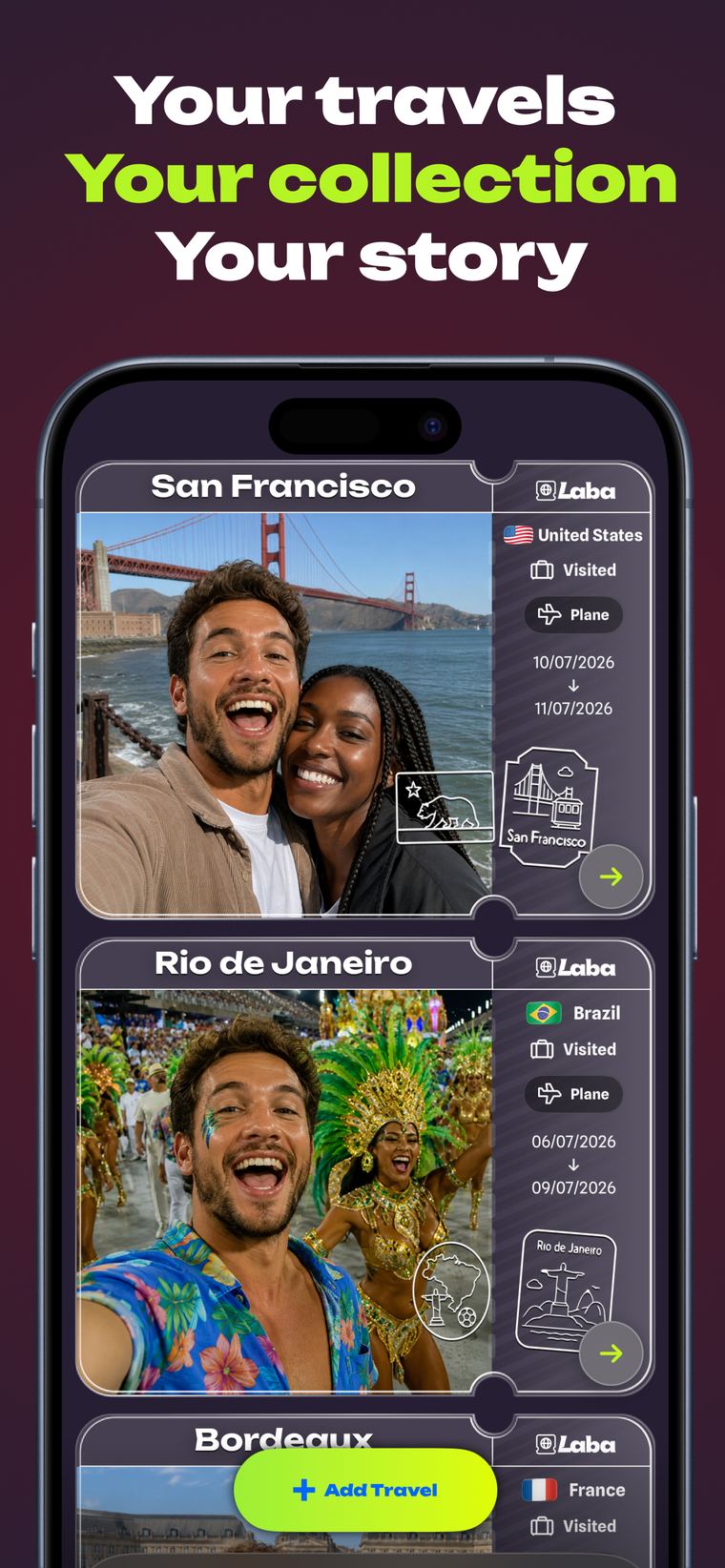 Trip cards with photos and travel details