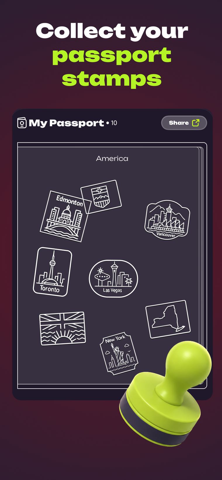 Passport with city stamps